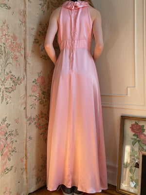 1970s Pink Satin and Lace Halter Maxi Dress