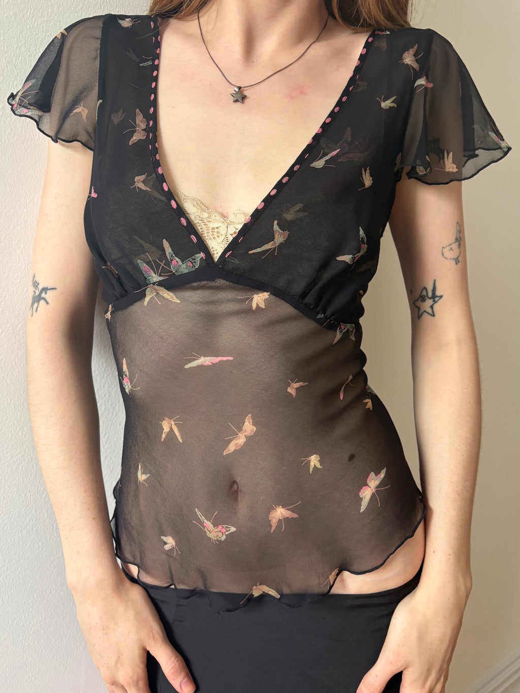 1990s Betsey Johnson Black Silk Chiffon Butterfly Print Blouse