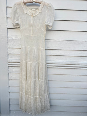 1940s Silk Orgnaza Floral Printed Ruffle Sheer Puff Sleeve Dress Wedding Gown