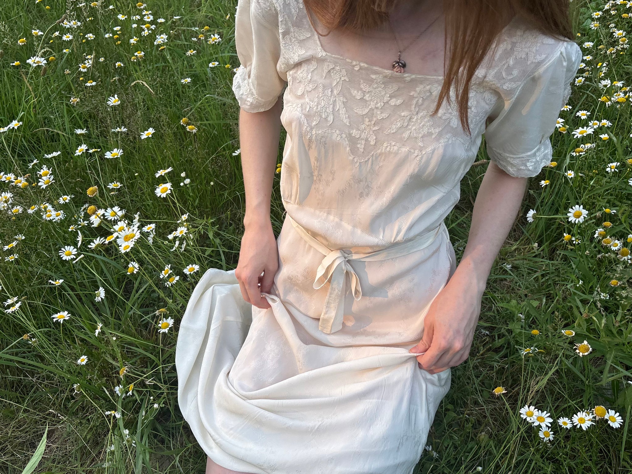 1940s Silk Brocade White Bias Cut Slip Dress Net Mesh Appliqué Lace Wedding Gown Open Sleeves