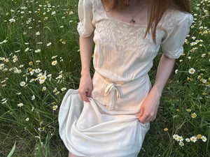 1940s Silk Brocade White Bias Cut Slip Dress Net Mesh Appliqué Lace Wedding Gown Open Sleeves