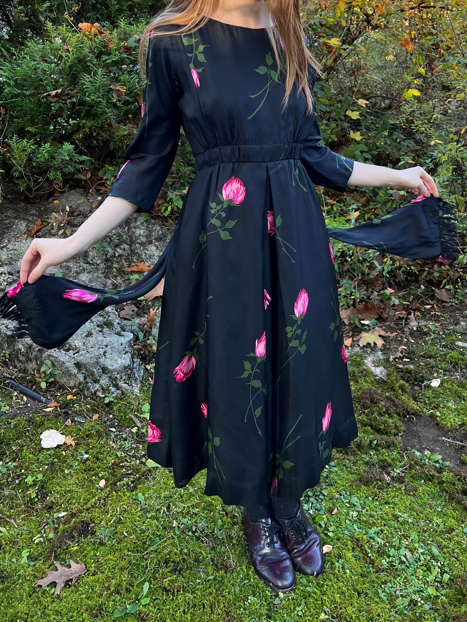 1950s Silk Black Pink Rose Printed Midi Dress