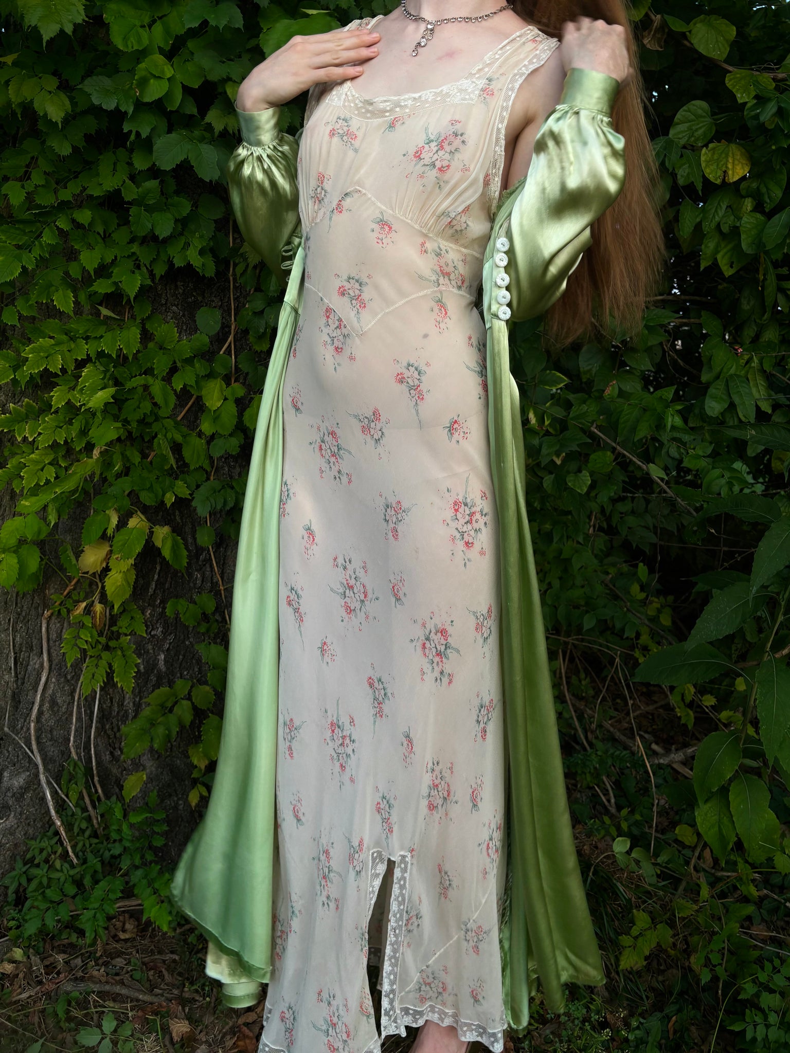 1940s Green Rayon Satin Lace Robe Peignoir