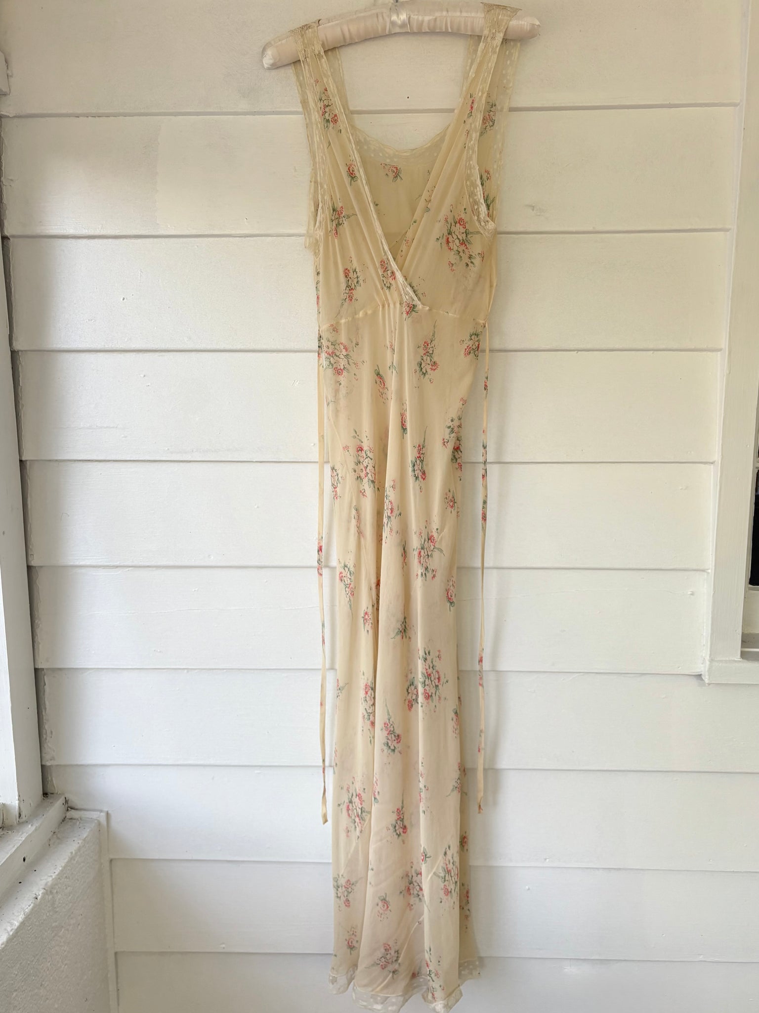1930s Silk Chiffon Floral Print Cream Lace Bias Cut Slip Dress