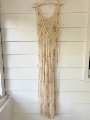 1930s Silk Chiffon Floral Print Cream Lace Bias Cut Slip Dress