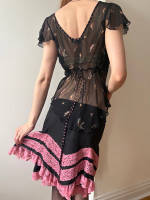 1990s Betsey Johnson Silk Black Mini Skirt Lace Ruffle