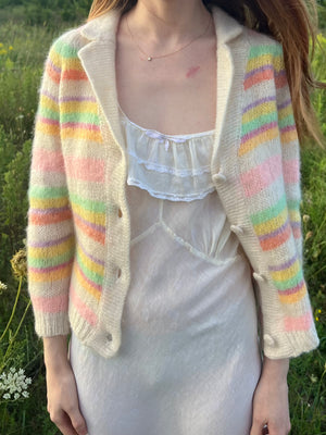 1960s Rainbow Pink Green Mohair Wool Knit Cardigan Sweater