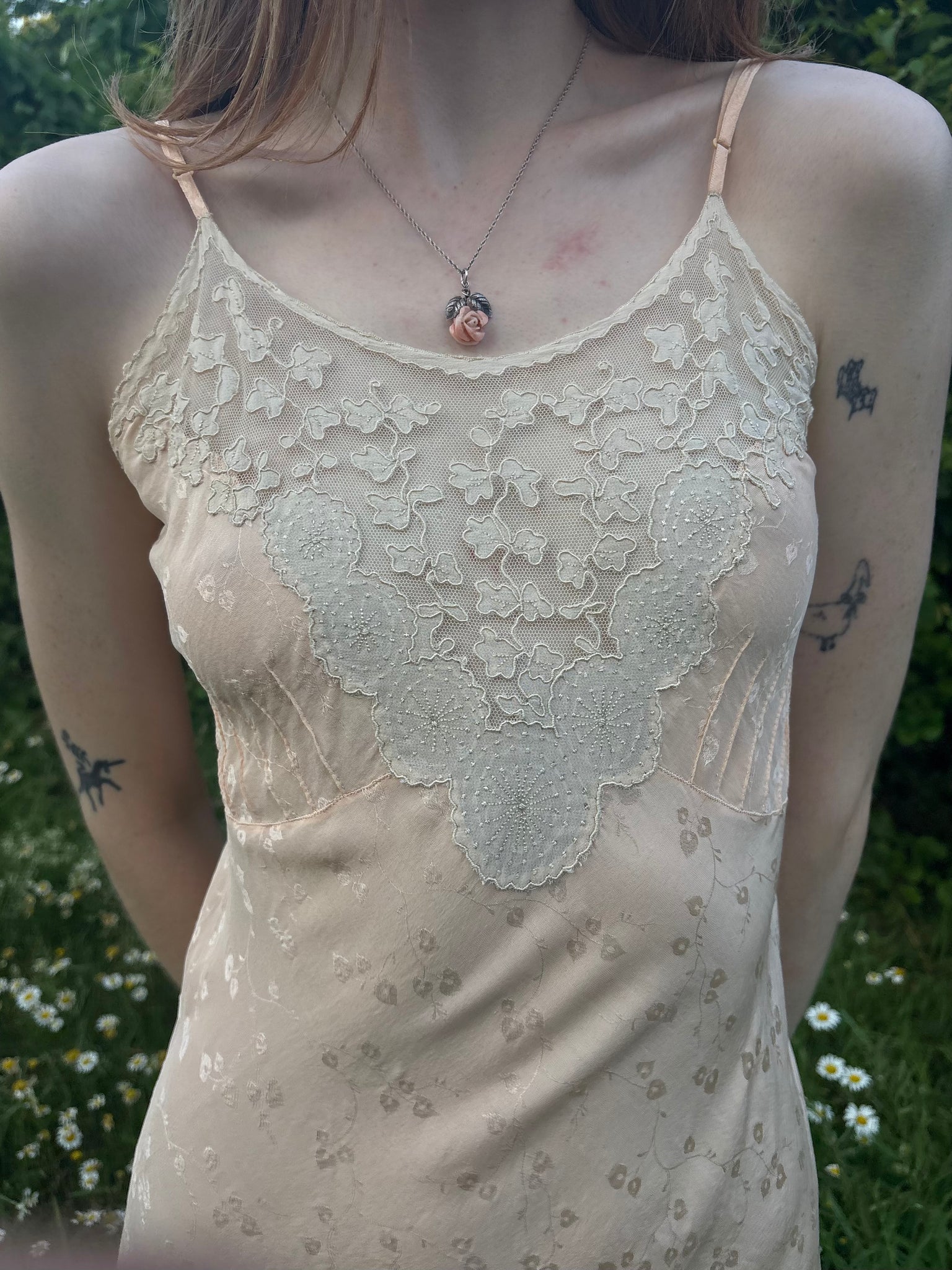 1940s Peach Brocade Silk Cream Net Floral Appliqué Bias Cut Slip Midi Dress