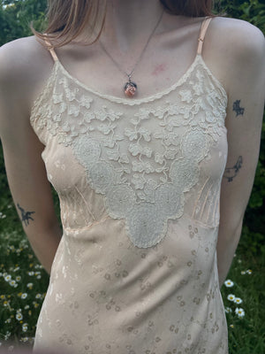 1940s Peach Brocade Silk Cream Net Floral Appliqué Bias Cut Slip Midi Dress