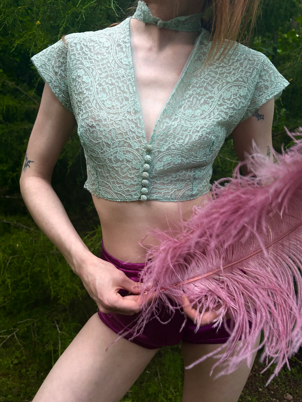 1950s Aqua Blue Lace Covered Button Up Bolero Top