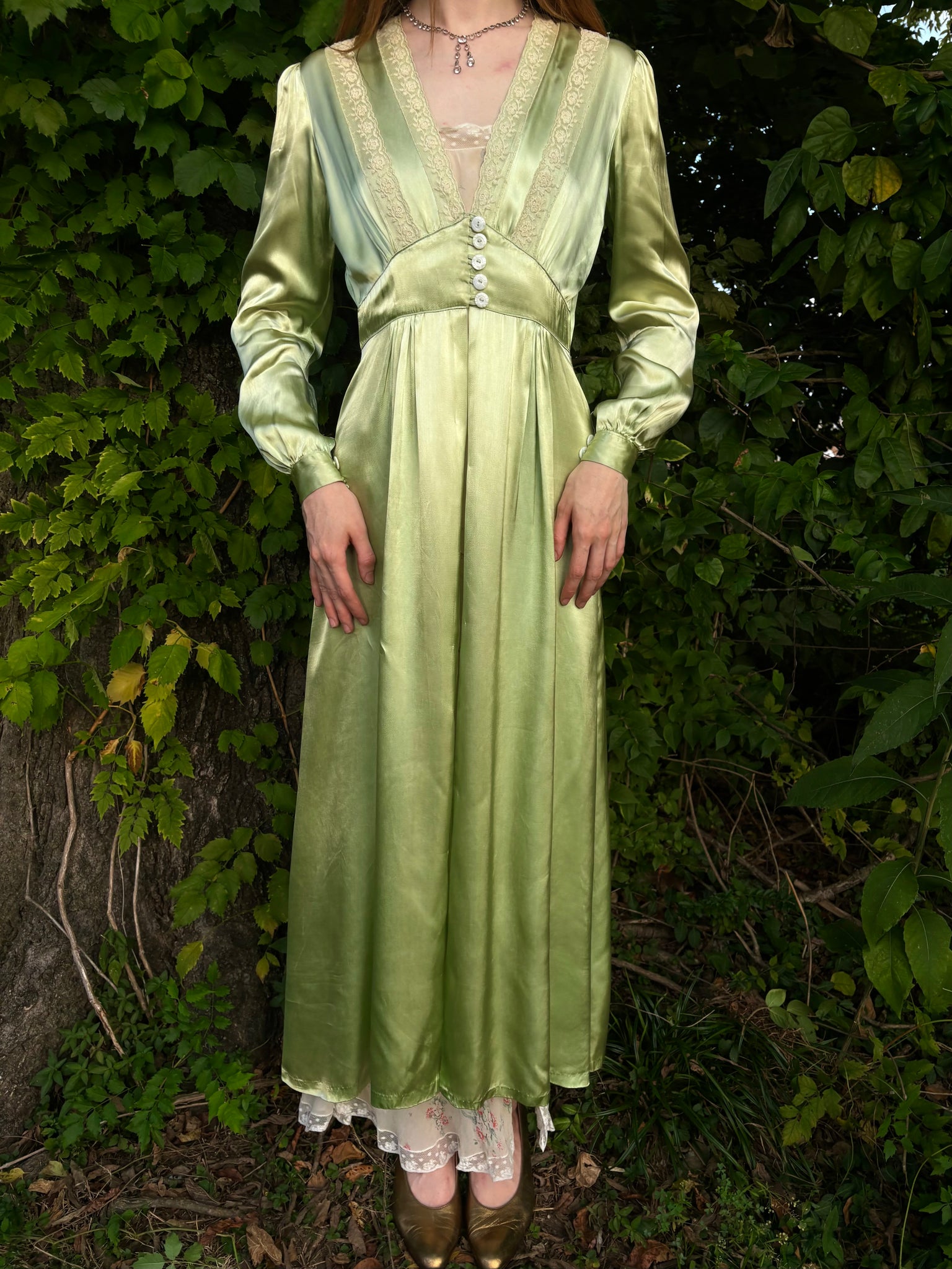 1940s Green Rayon Satin Lace Robe Peignoir