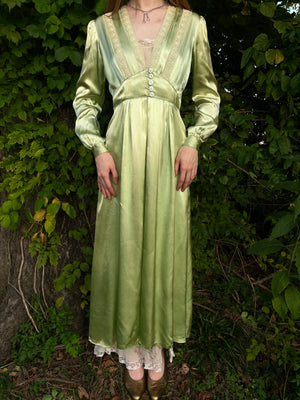 1940s Green Rayon Satin Lace Robe Peignoir