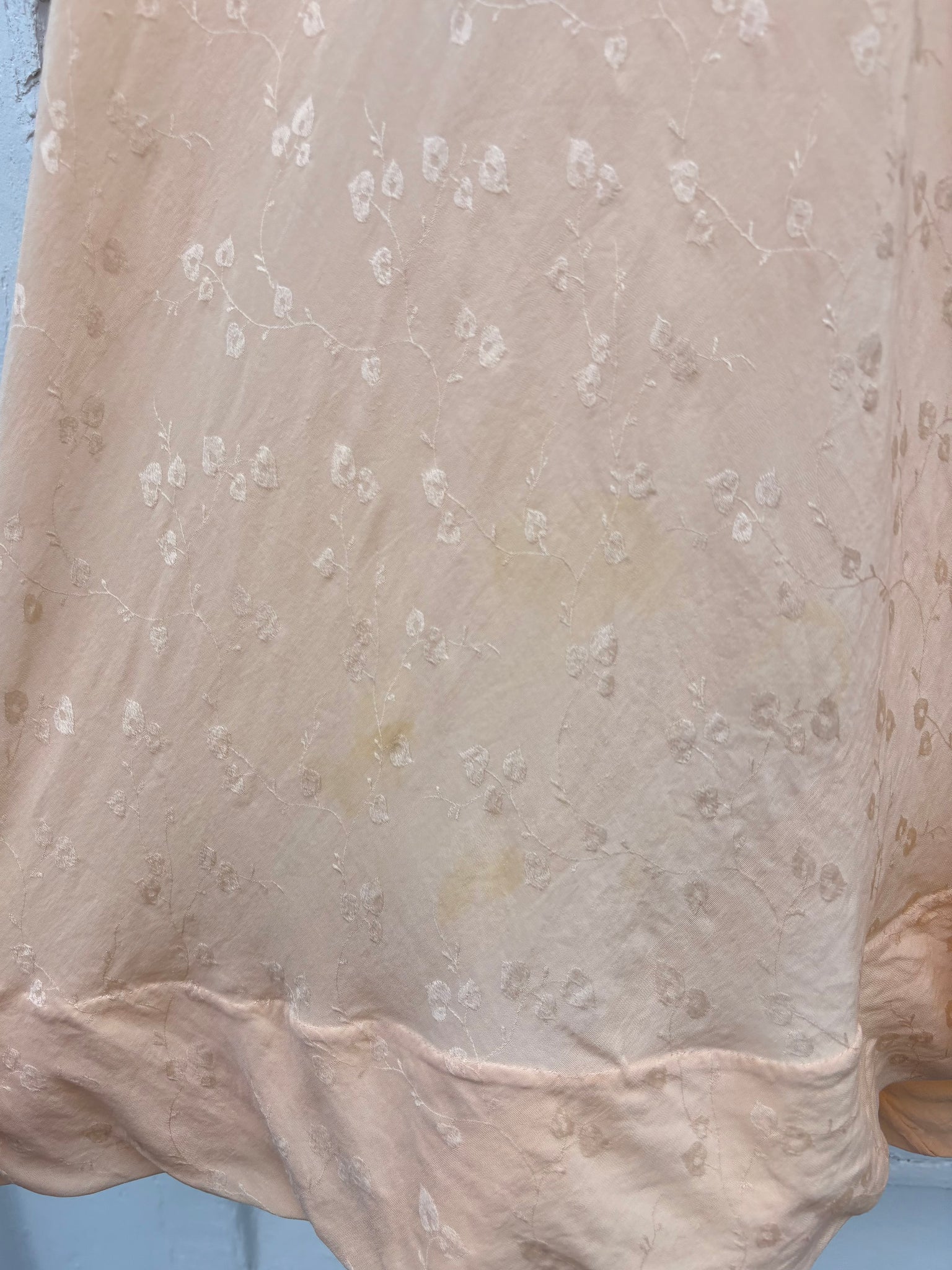 1940s Peach Brocade Silk Cream Net Floral Appliqué Bias Cut Slip Midi Dress