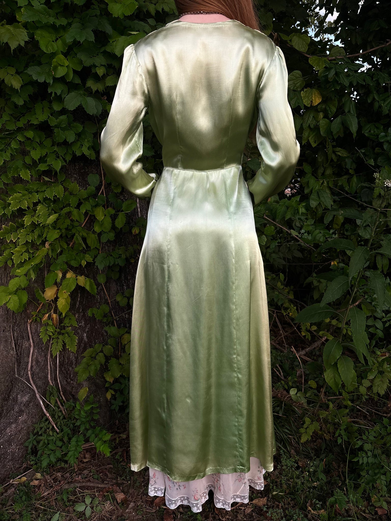 1940s Green Rayon Satin Lace Robe Peignoir