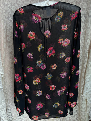 1990s Betsey Johnson Floral Print Mini Dress Black Sheer Long Sleeve