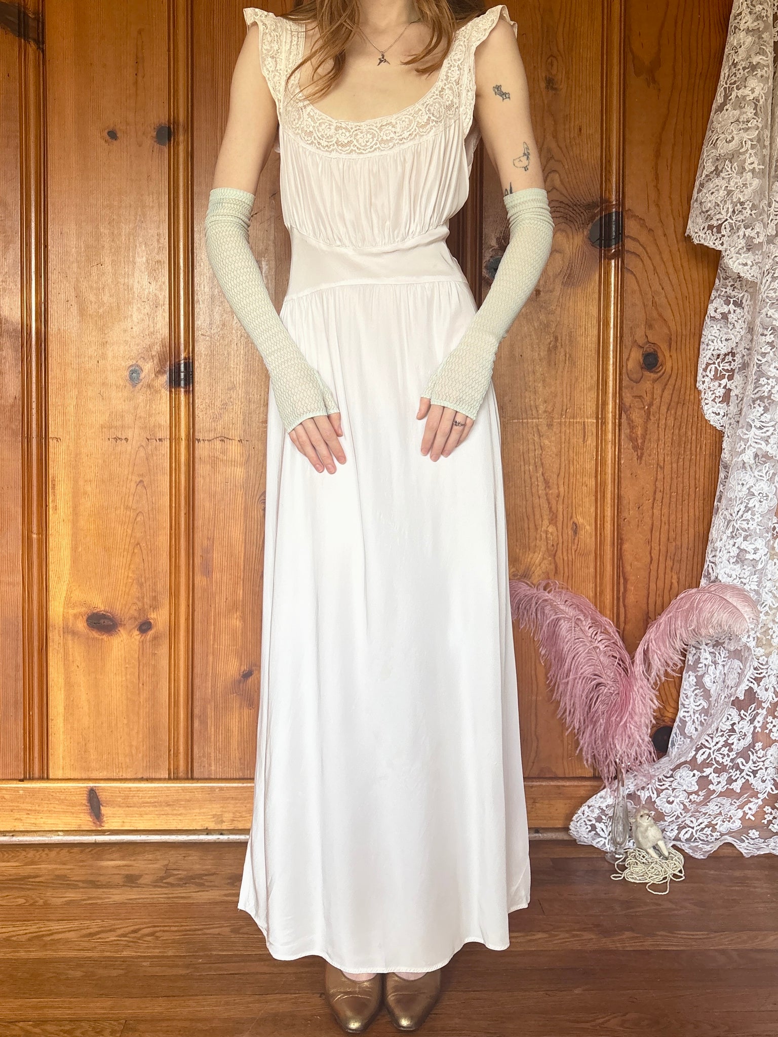 1940s Pale Pink White Lace Bias Cut Slip Dress