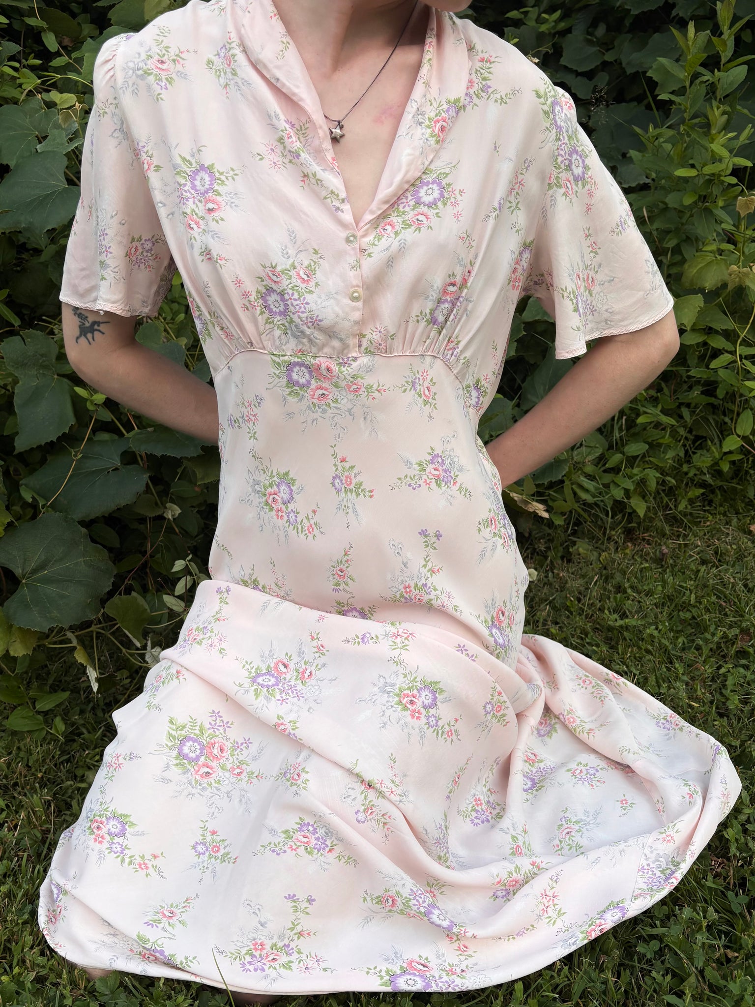1940s Pink Rose Print Floral Bias Cut Slip Rayon Dress Short Sleeve Button