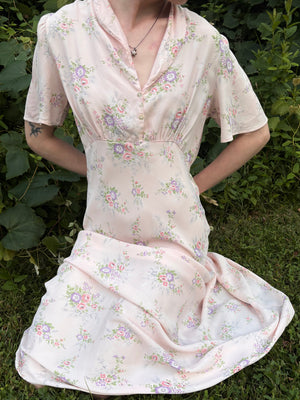 1940s Pink Rose Print Floral Bias Cut Slip Rayon Dress Short Sleeve Button