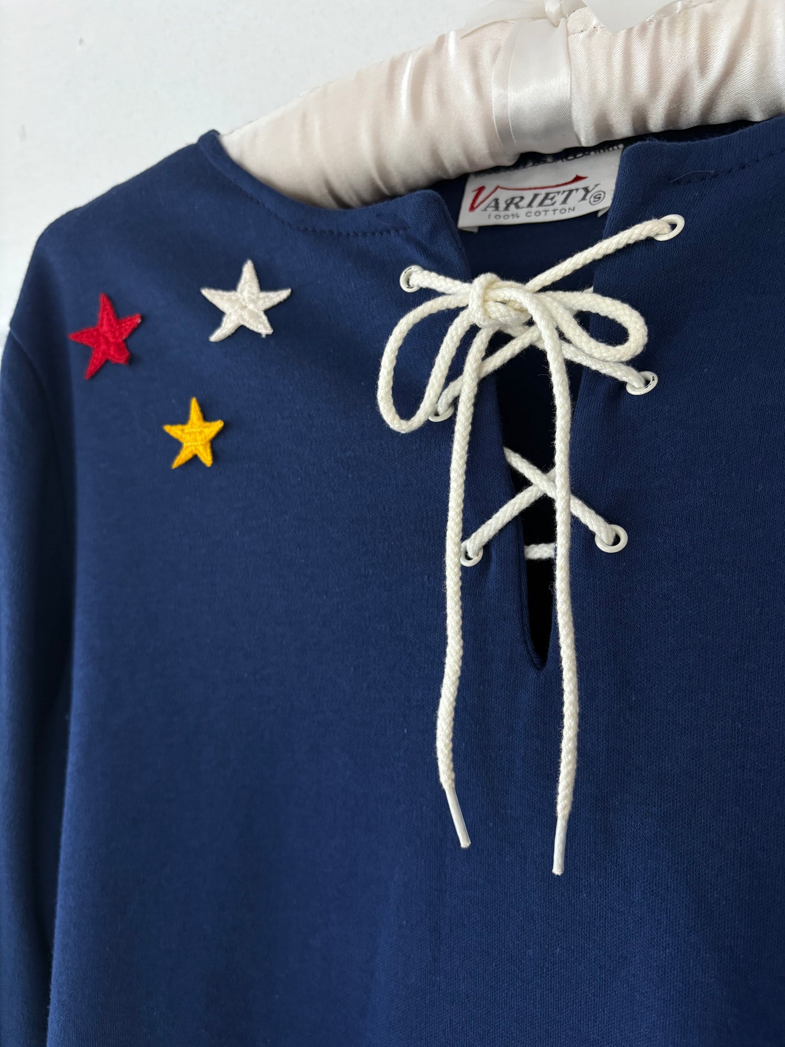 1970s Star Appliqué Navy Blue Lace Up Tee T Shirt Long Sleeve Deadstock