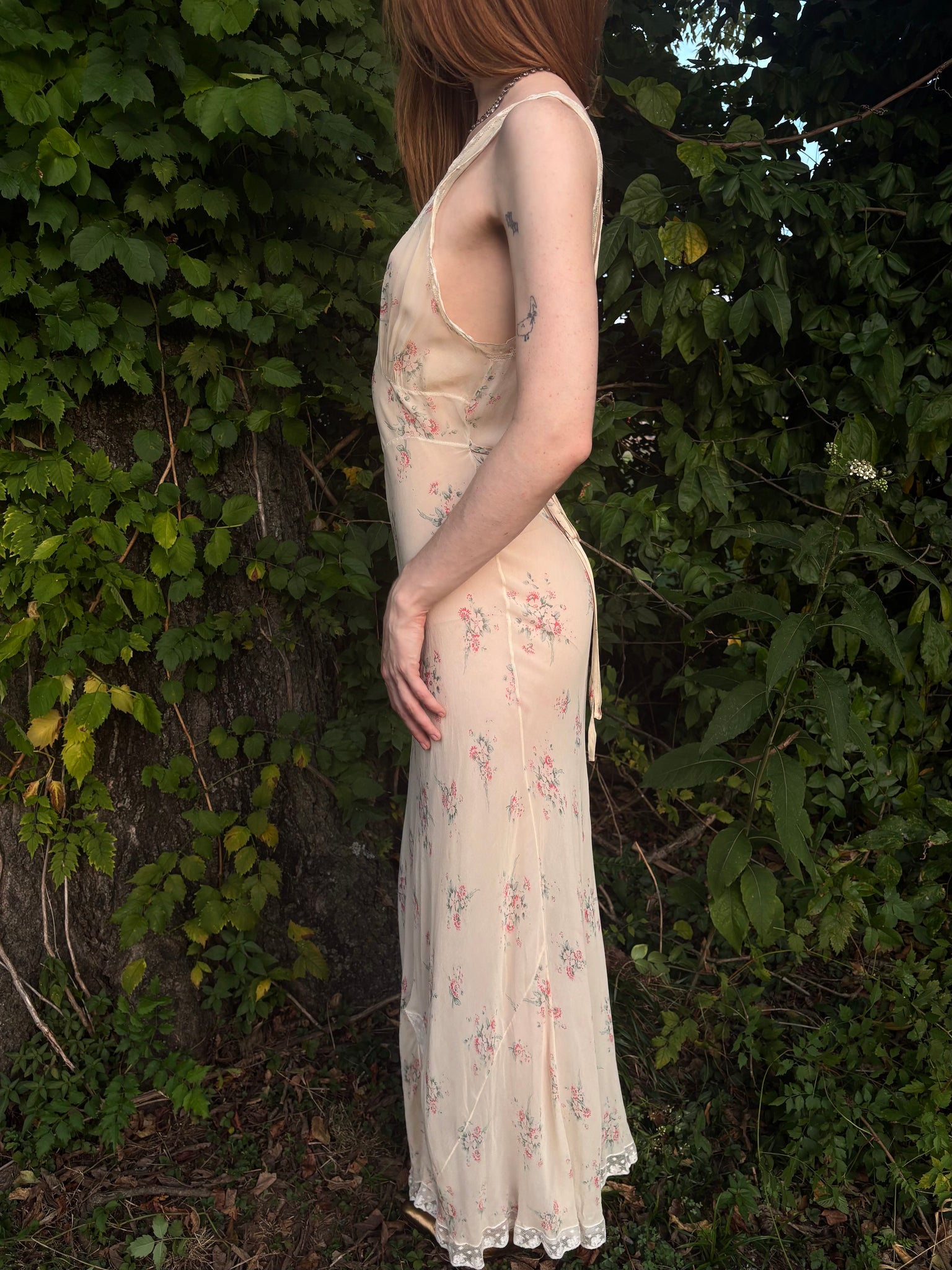 1930s Silk Chiffon Floral Print Cream Lace Bias Cut Slip Dress
