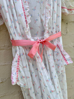 1930s White Cotton Floral Bias Cut Slip Dress Peignoir Set Puff Sleeves Pink Ribbon Rose Floral