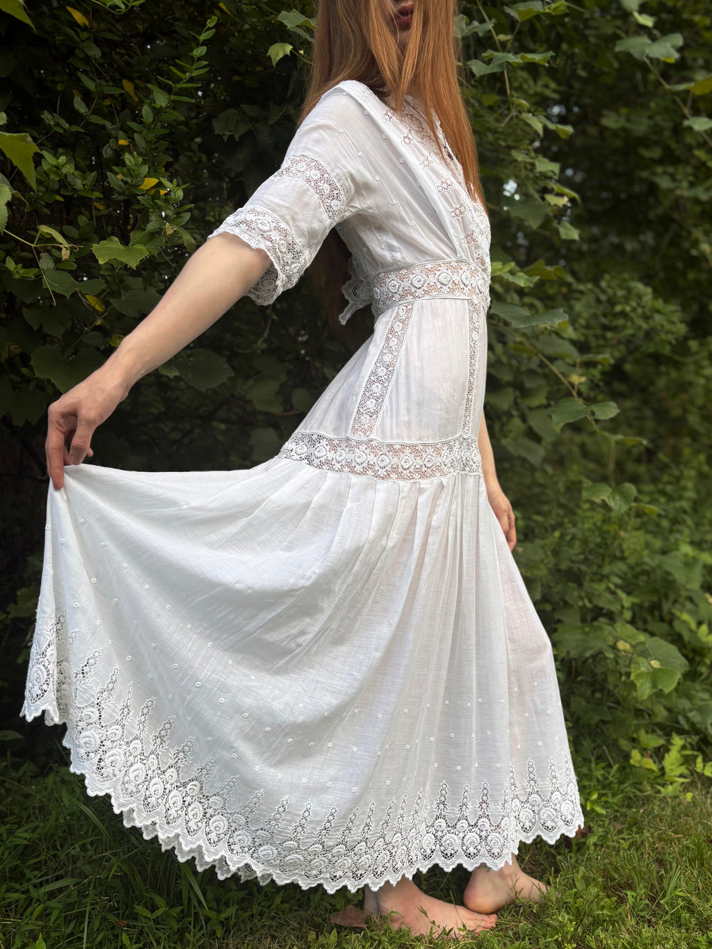 1900s Edwardian Rose Floral Embroidered White Cotton Dress Gown Wedding