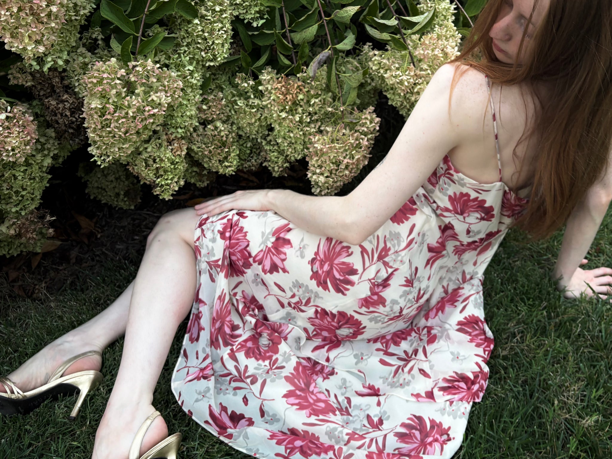 1990s Silk Floral Cream Cowl Neck Dress