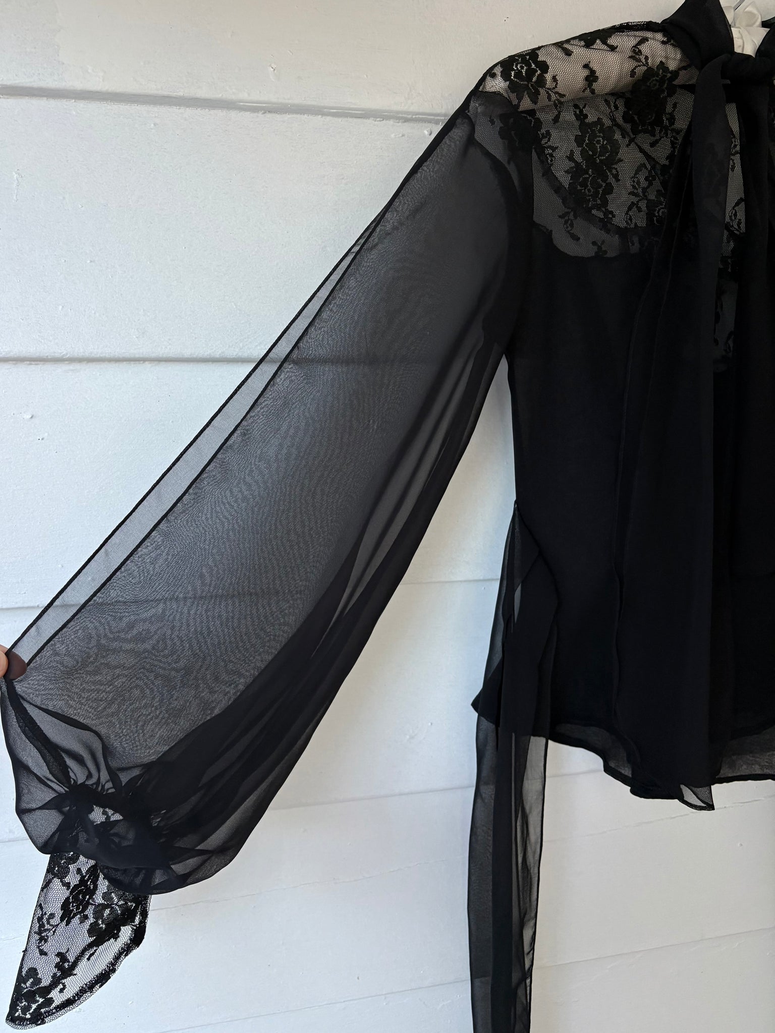 1970s Victorian Style Black Floral Mesh Sheer Lace Long Balloon Sleeve Blouse