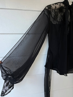 1970s Victorian Style Black Floral Mesh Sheer Lace Long Balloon Sleeve Blouse