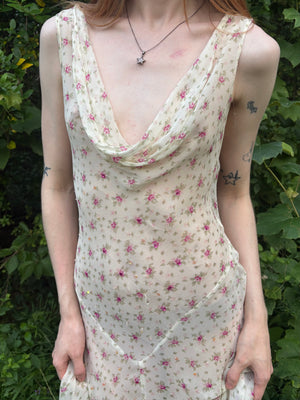 1990s Silk Chiffon Floral Cream Cowl Neck Bias Cut Slip Dress