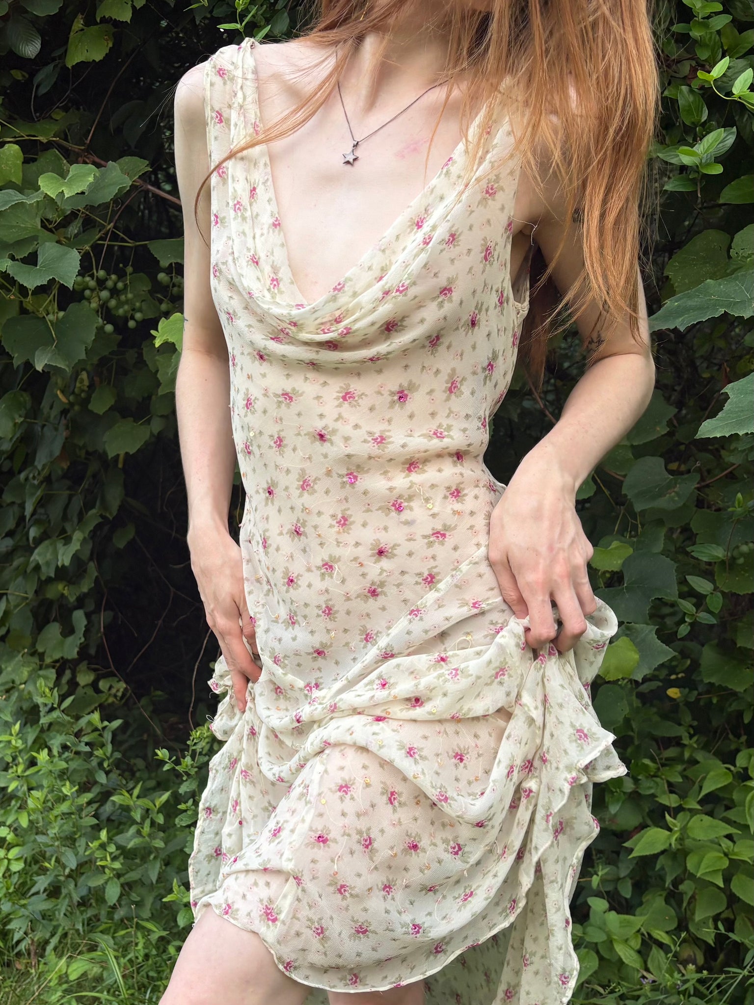 1990s Silk Chiffon Floral Cream Cowl Neck Bias Cut Slip Dress