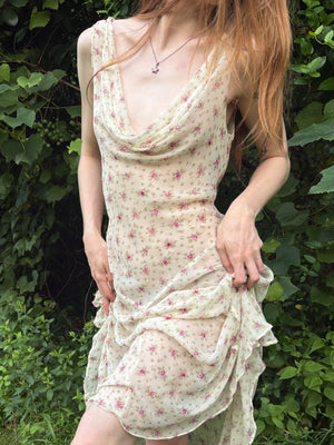 1990s Silk Chiffon Floral Cream Cowl Neck Bias Cut Slip Dress
