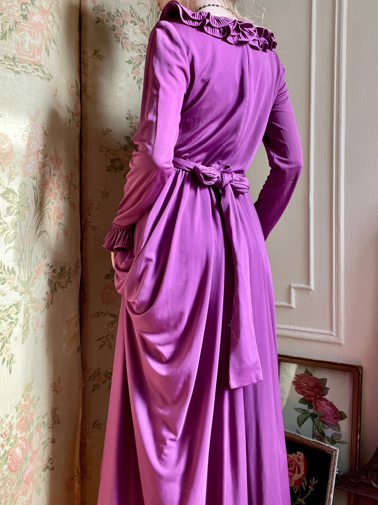 1970s Purple Victor Costa Ruffle Drape Long Sleeve Maxi Dress
