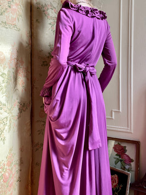 1970s Purple Victor Costa Ruffle Drape Long Sleeve Maxi Dress