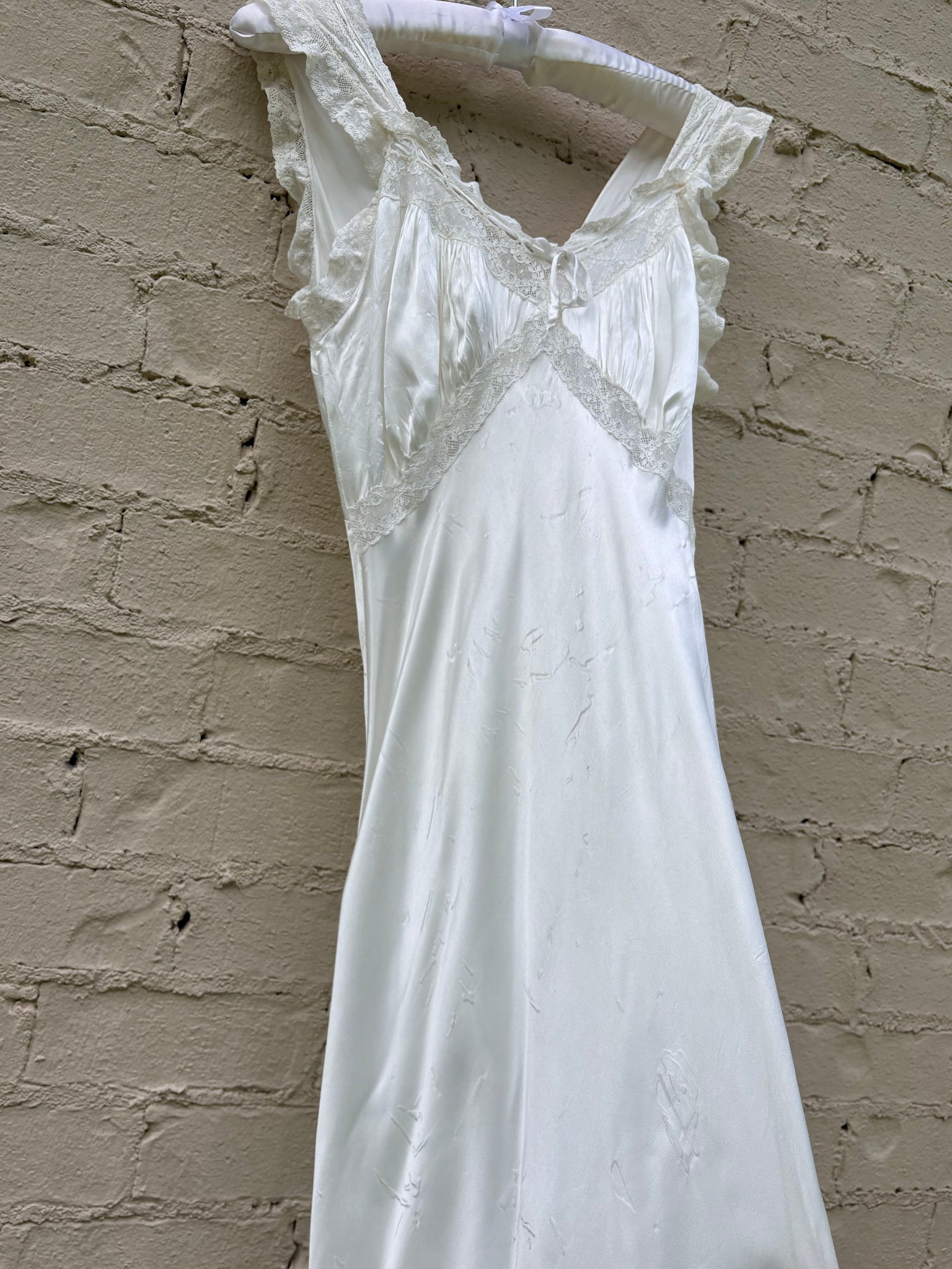 1940s Rayon Satin White Bias Cut Slip Dress Lace Wedding Gown