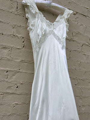 1940s Rayon Satin White Bias Cut Slip Dress Lace Wedding Gown