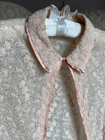 1930s Tambour Lace Bed Jacket Blouse Pink Ribbon Short Sleeve