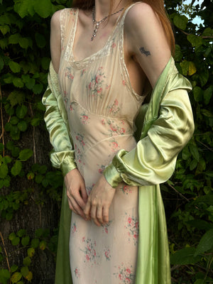1940s Green Rayon Satin Lace Robe Peignoir