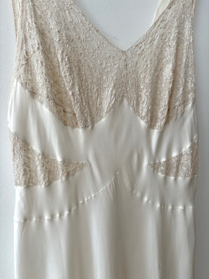 1940s Rayon White Lace Bodice Bias Cut Slip Dress Lace