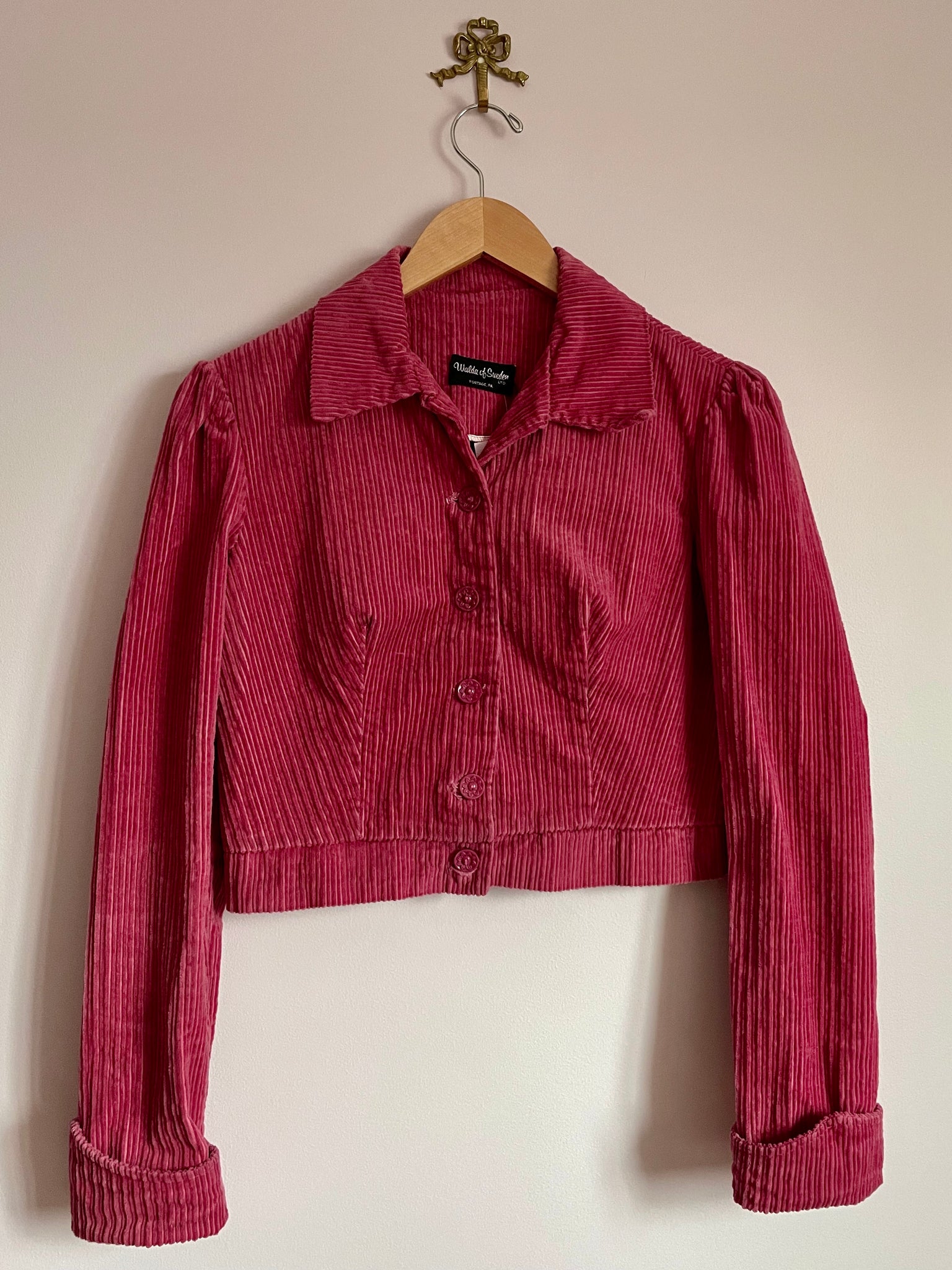 1970s Pink Corduroy Cropped Jacket Puff Sleeve