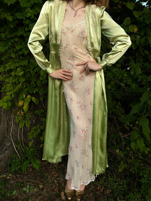 1940s Green Rayon Satin Lace Robe Peignoir
