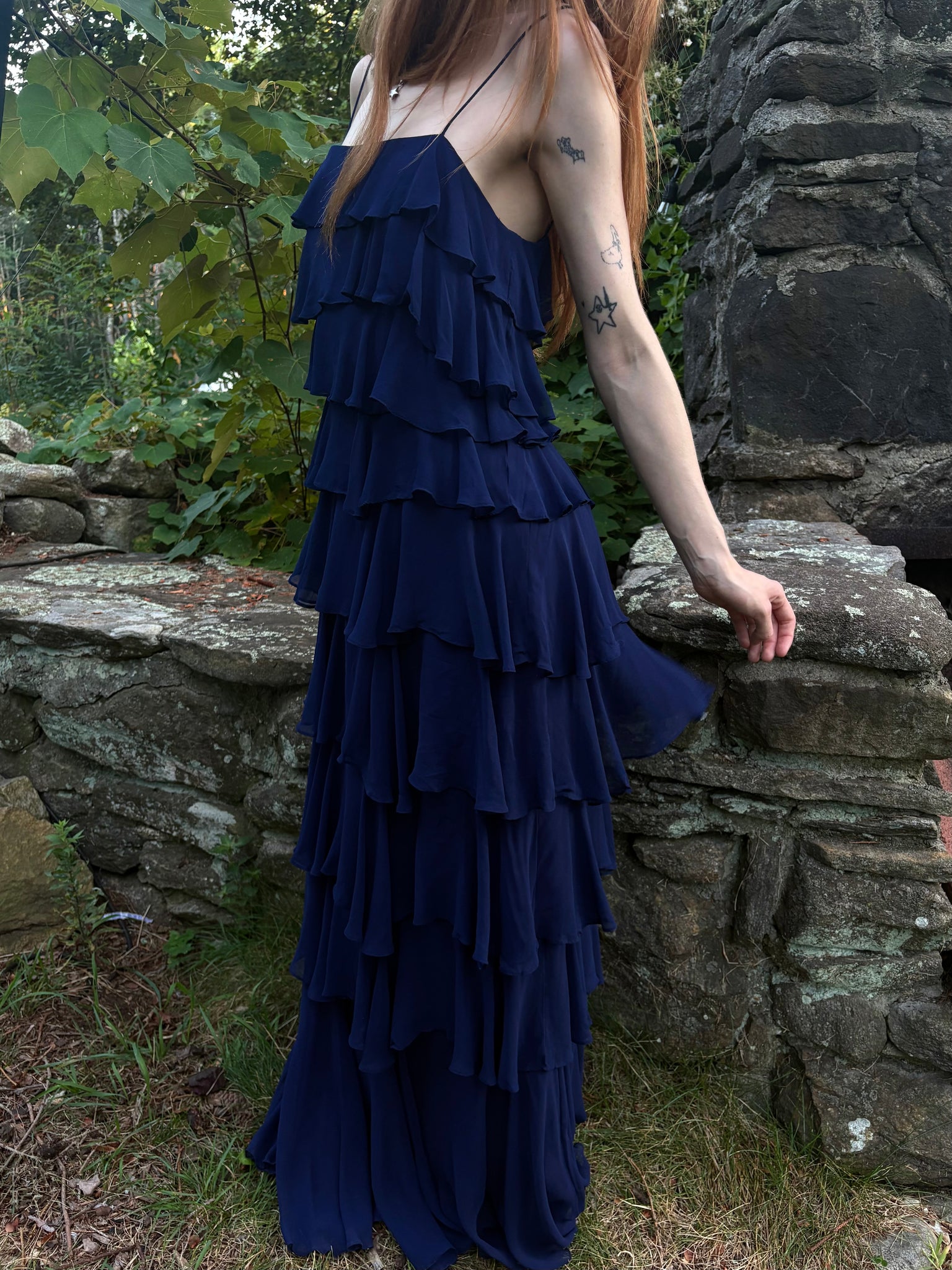 1980s Navy Blue Silk Chiffon Ruffle Cascade Dress Long Gown