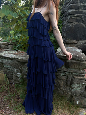 1980s Navy Blue Silk Chiffon Ruffle Cascade Dress Long Gown