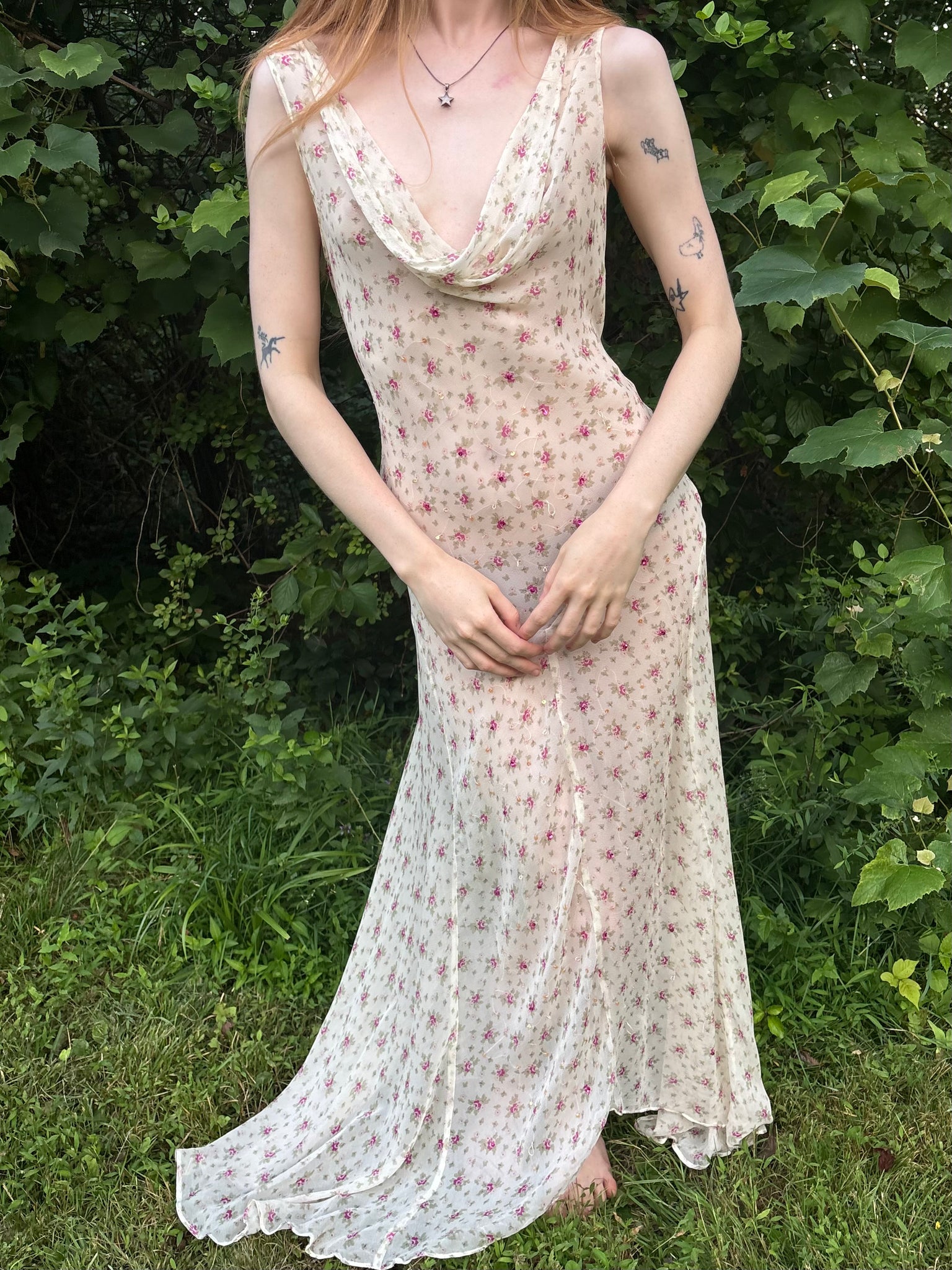 1990s Silk Chiffon Floral Cream Cowl Neck Bias Cut Slip Dress