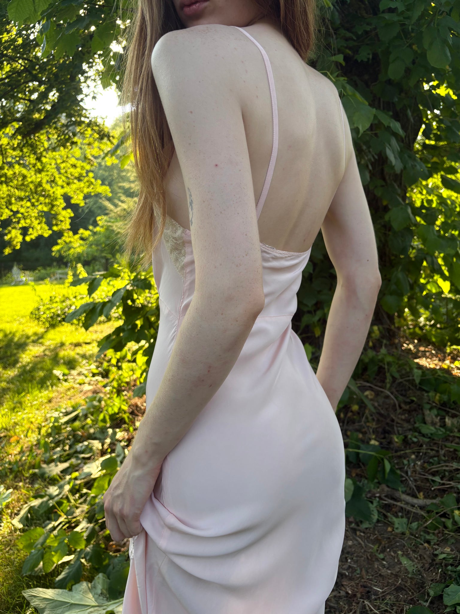 1940s Pale Pink Rose Appliqué Bias Cut Rayon Slip Midi Dress Cream Lace