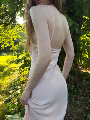 1940s Pale Pink Rose Appliqué Bias Cut Rayon Slip Midi Dress Cream Lace