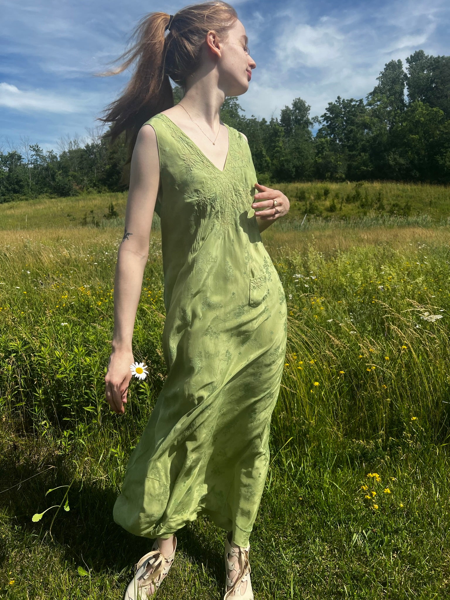 1930s Hand Dyed Green Floral Brocade Silk Slip Dress Embroidery I Magnin