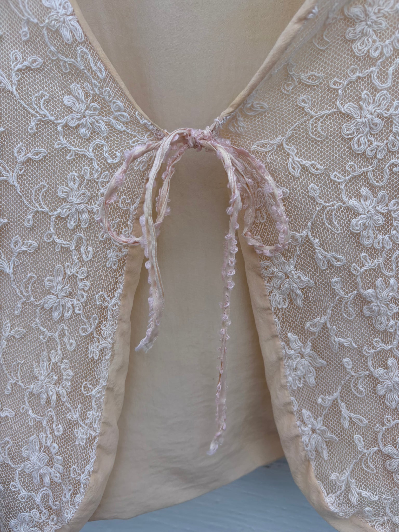 1930s Tambour Lace Bolero Leaf Embroidery Cream Peach Trim Ruffle Sleeve Tie Front Bed Jacket