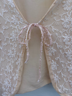 1930s Tambour Lace Bolero Leaf Embroidery Cream Peach Trim Ruffle Sleeve Tie Front Bed Jacket