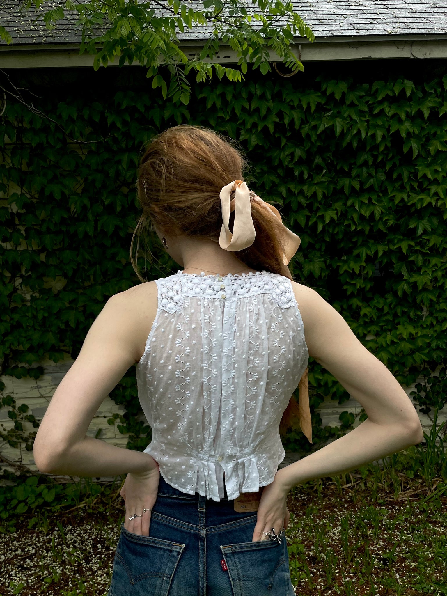 1900s White Cotton Floral Dotted Embroidered Top